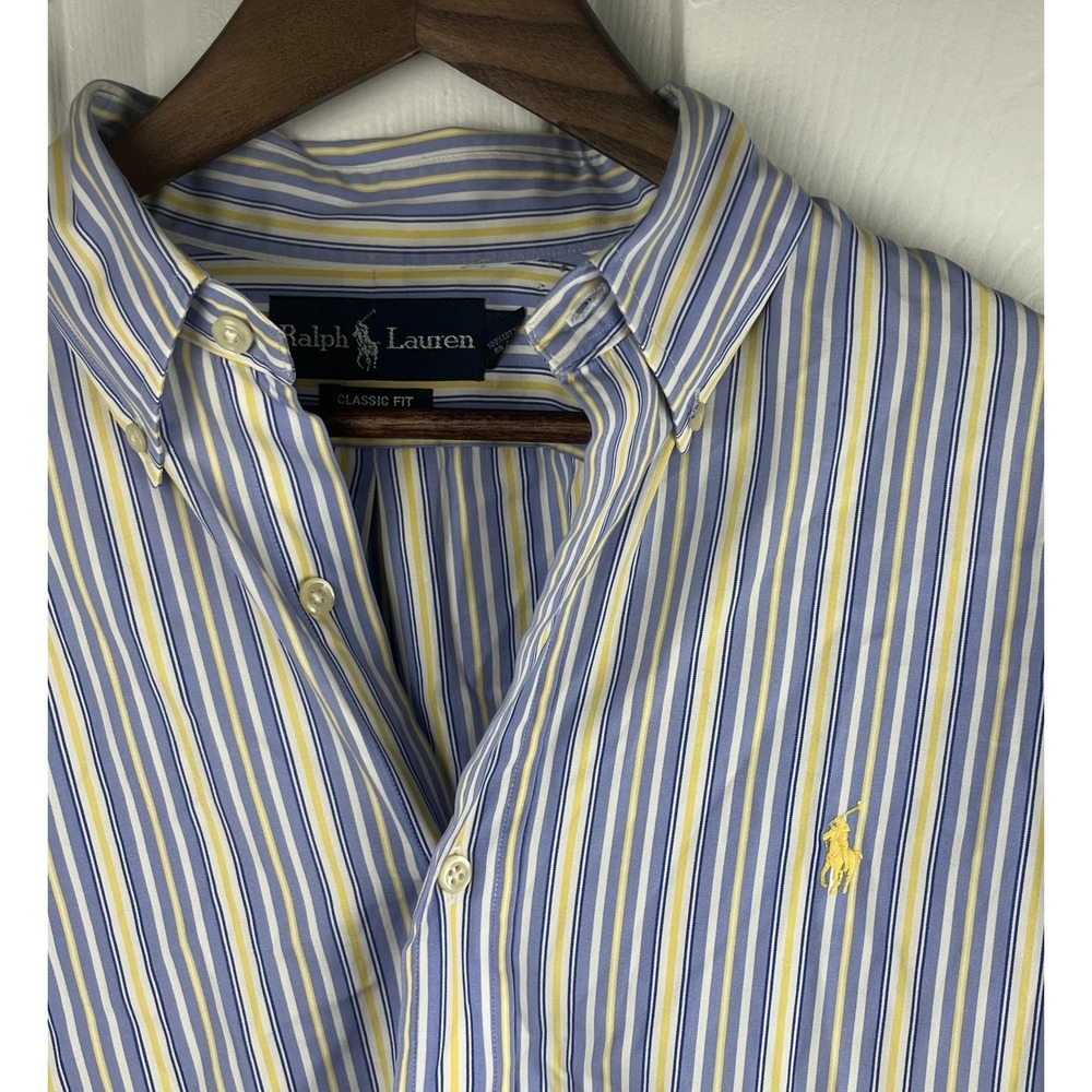 Ralph Lauren Shirt Mens 15.5 x 32-33 Blue Yellow Striped Classic Fit Button Down